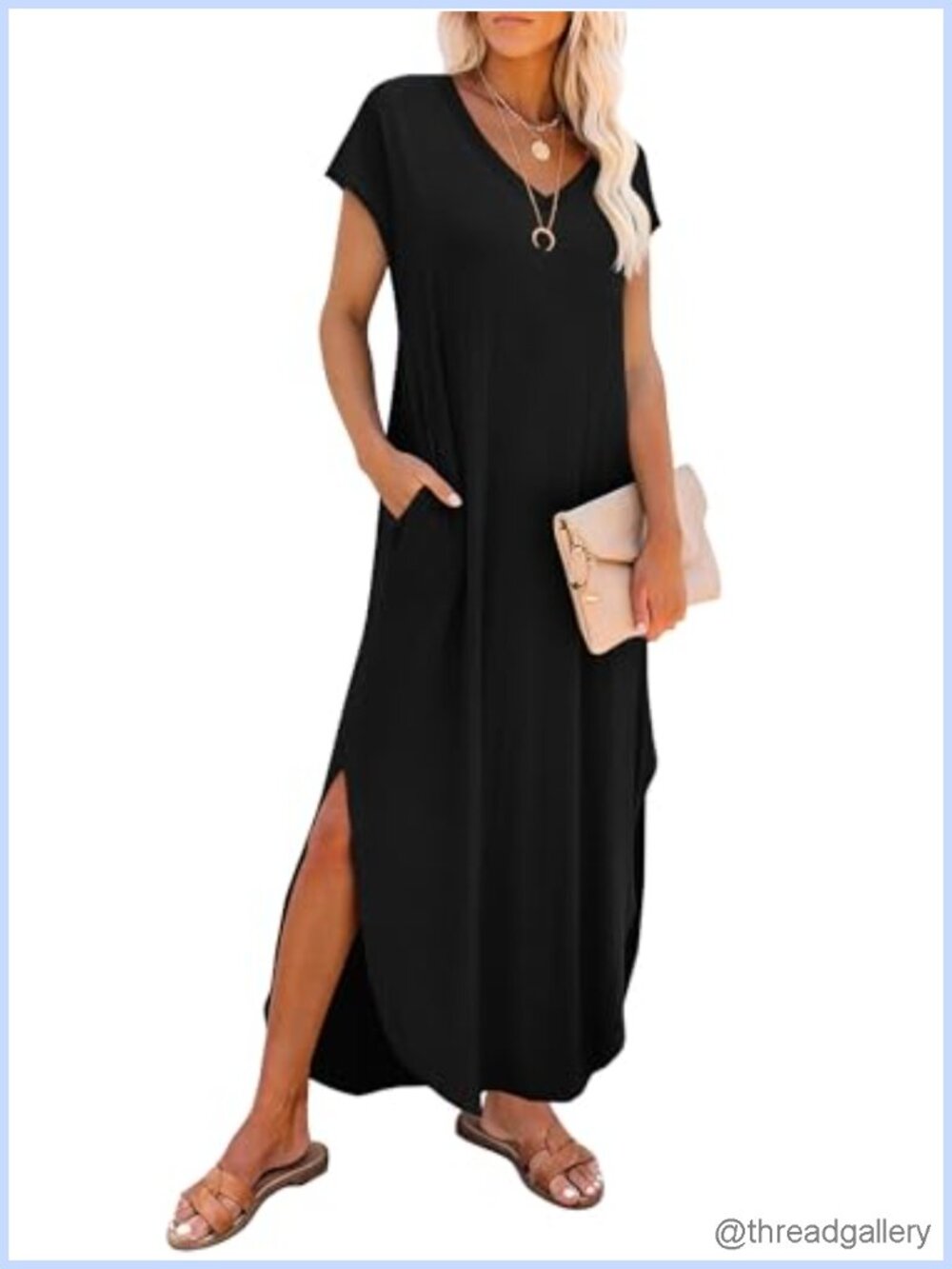 Women's Summer Maxi Dress Cap Sleeve V-Neck Sundress with Pockets